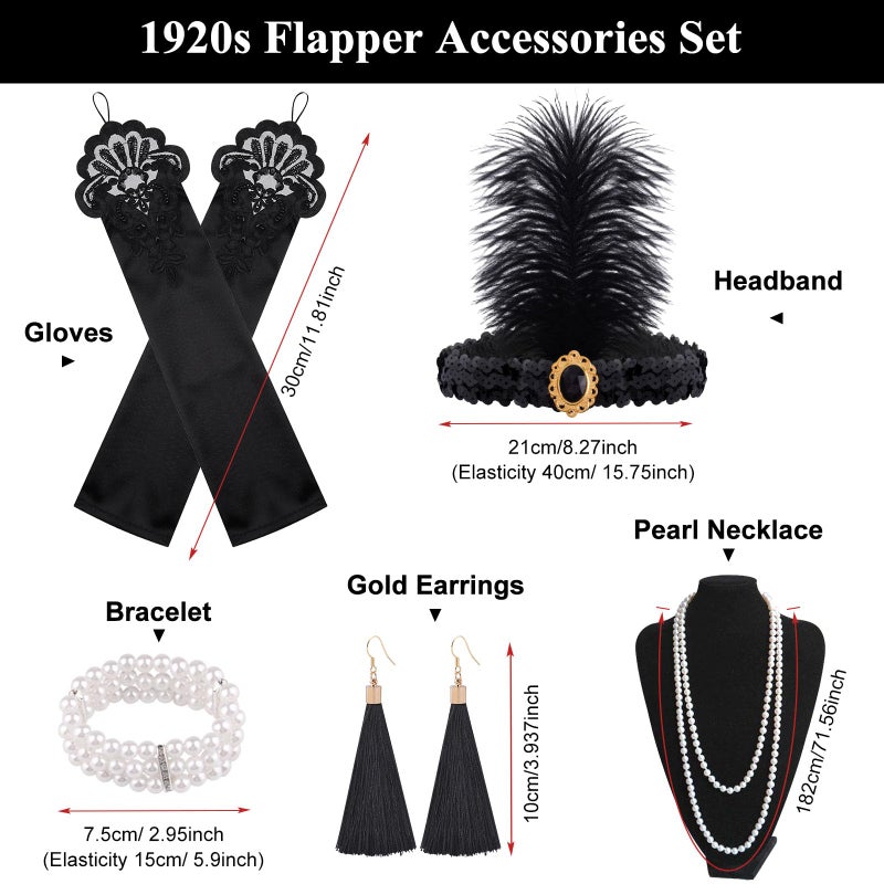 FEPITO 8 Pieces 1920s Flapper Great Gatsby Accessories Set Fashion Roaring 20's Theme Set with Headband Headpiece Long Black Gloves Necklace Earrings for Womenï¼ˆSet Dï¼‰ - Image 3